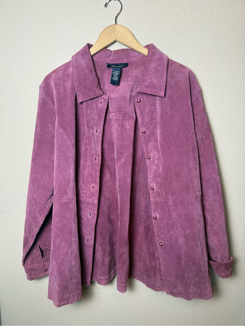 Denim&Co 100% Leather Dusty Rose Suede Button-Front Jacket